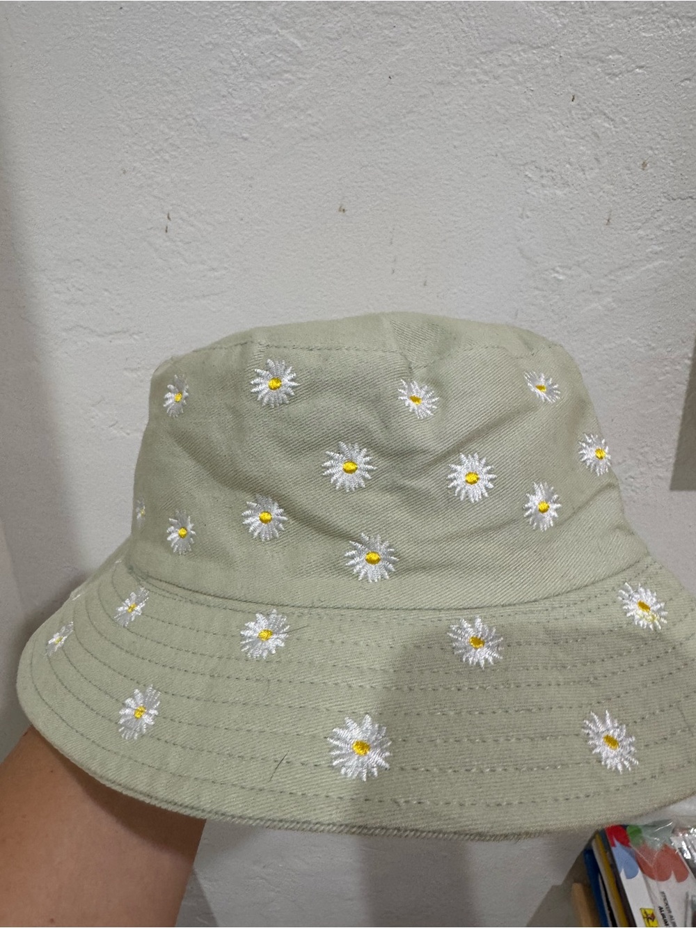 Bucket Hat with White Daisy Embroidery in Light Sage - Picture 3 of 8